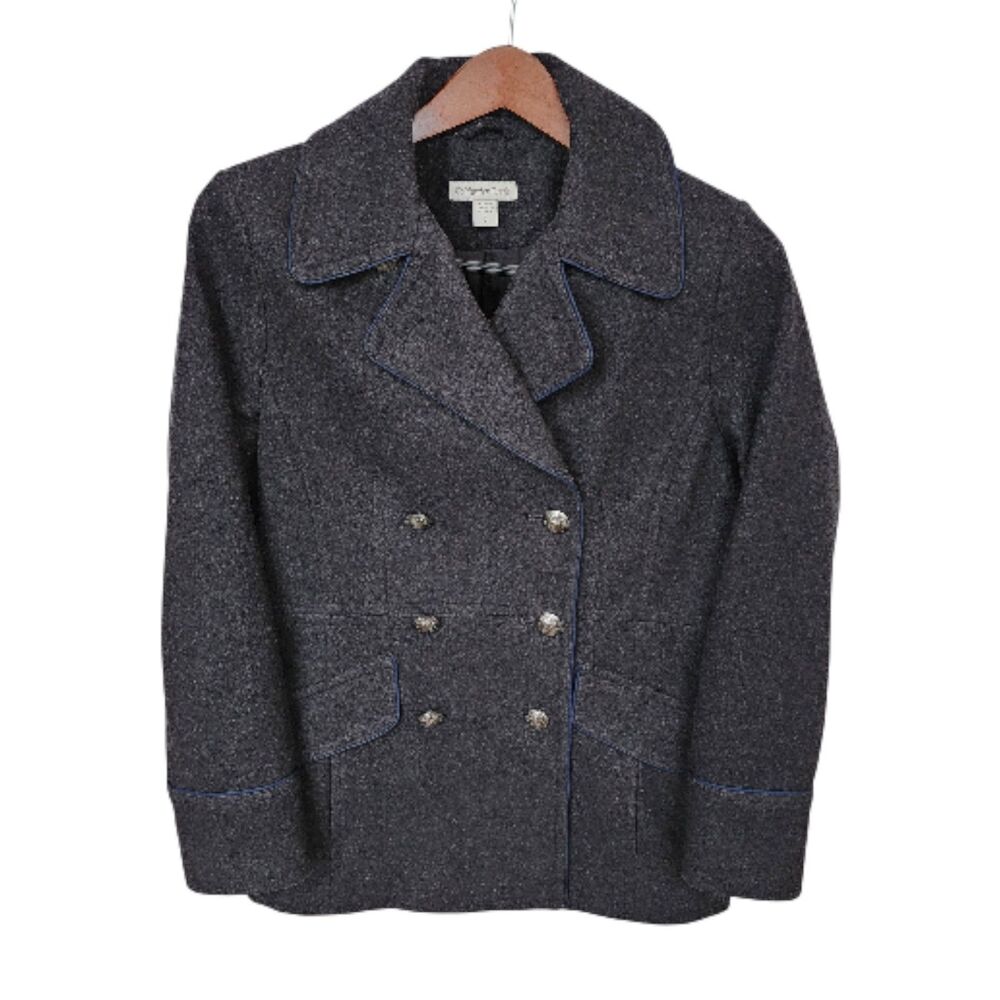 ​Coldwater Creek Women's L 14 Gray Wool Blend Peacoat Double Breasted Blue Trim